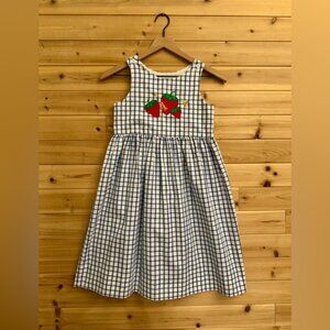 Vintage Kelly’s Kids Size 7 Blue White Gingham Strawberry Bee Tank Dress Summer
